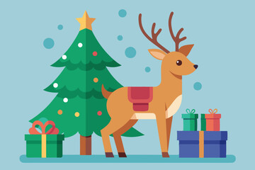 Christmas Deer with Gifts and Tree Vector Illustration | Logo Icons, SVG Design, Cricut & Silhouette Cut Files, Vector Clipart, Graphic Elements for T-Shirts