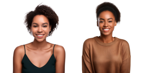 Portrait of a young black woman looking directly into the camera isolated on a transparent background