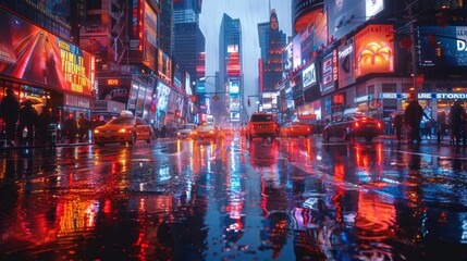 Fototapeta premium Rainy night in times square - generative ai