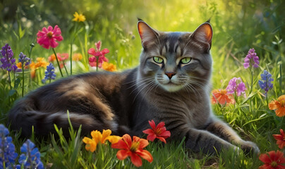 Realistic smoky cat lounging among vibrant spring flowers in sunlit clearing.