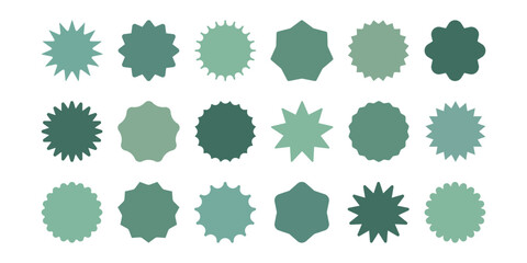 Starburst sunburst green eco frame collection. Set of price, sale, promotion, discount offer circle stamp sticker. Abstarct star shape badge label icon button. Design element. Vector illustration