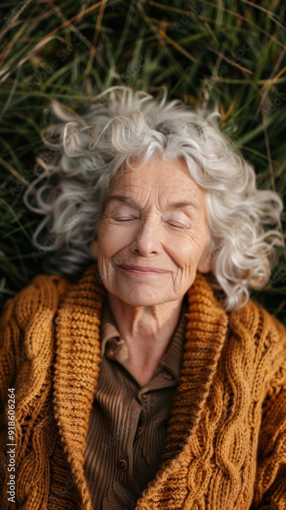 Poster A woman with her eyes closed, laying in the grass. AI.