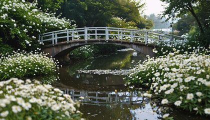 Fototapeta premium Pont au-dessus d'un ruisseau fleuri