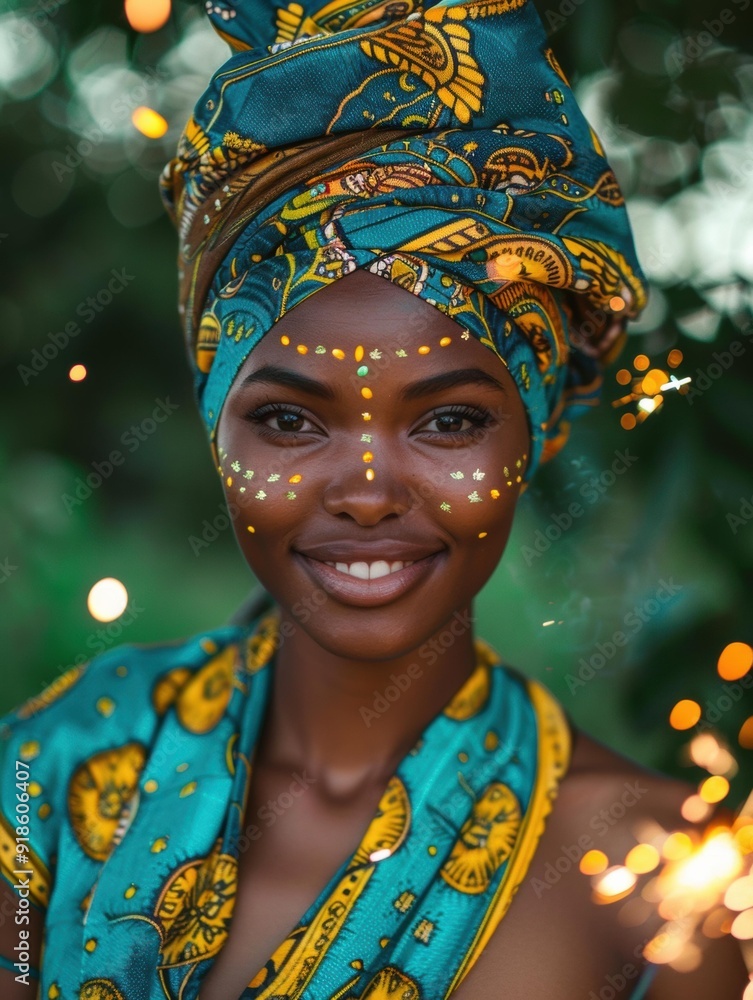 Wall mural a woman with gold makeup and a patterned head wrap smiles. ai.