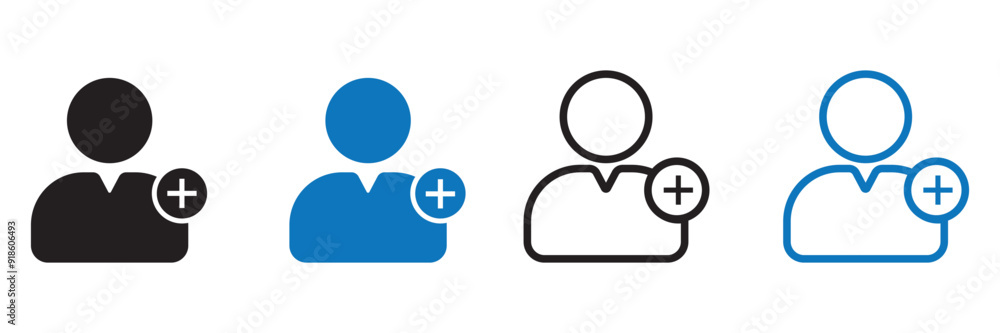 Poster add new user icon set. person profile avatar with plus. add user profile icon. follower pictogram. m