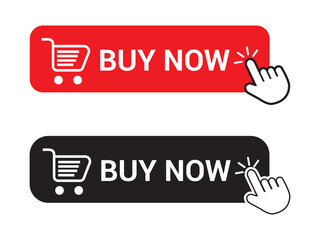 Buy now red and block button with click hand cursor icon, Button hand pointer clicking. Click here banner with shadow. Click button isolated. Online shopping.