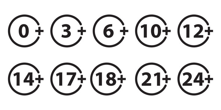 Age limit sign set. Adults content only age restriction. 0, 3, 6, 10, 12, 14, 17, 18, 21, 24 plus years old icon, Censure warning age plus. Vector illustration.