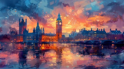 Fototapeta premium Sunset over westminster bridge - generative ai