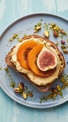 A plate with a sandwich and fruit on it sitting next to some nuts, AI