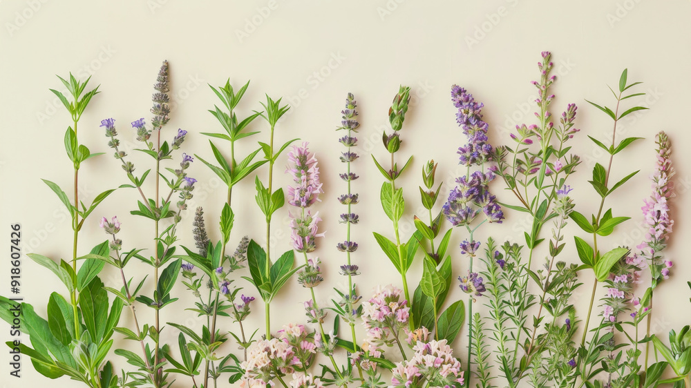 Poster Flowers and leaves on white background tranquil image of essential oils with their botanical sources