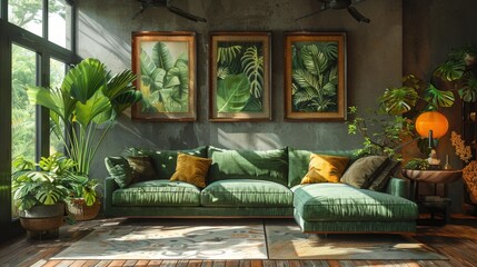 Tropical green living room interior design - generative ai