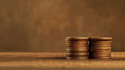 Two stacks of golden coins on a wooden surface with a blurred brown background.