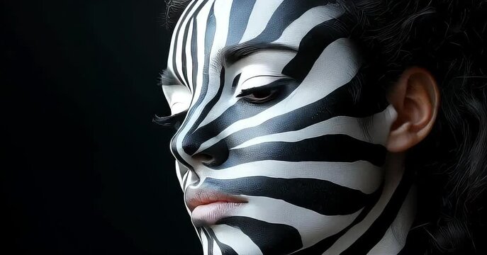 Woman with face paint, black and white zebra stripes