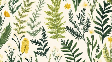 Hand-Drawn Botanical Pattern with Ferns and Wildflowers | Nature Inspired Design