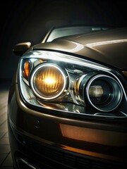 Close-up view of a car's headlight showcasing illumination in a dimly lit environment, emphasizing design features and reflections. Generative AI