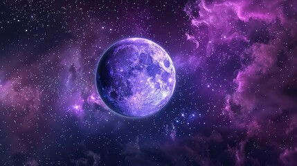 A purple planet with a swirling surface sits in a dark starry space with faint purple clouds and white stars.