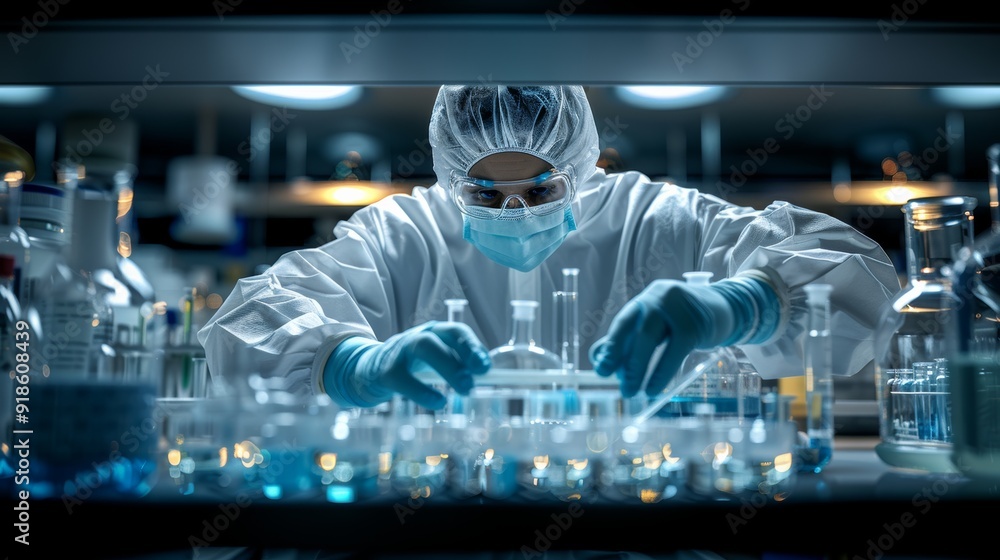 Poster scientist conducting experiments in a laboratory with glassware and colorful liquids during evening 