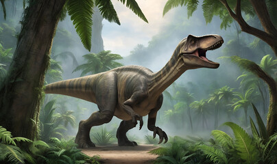 Realistic Jurassic scene with lush vegetation and dinosaurs like Brachiosaurus and Velociraptor.