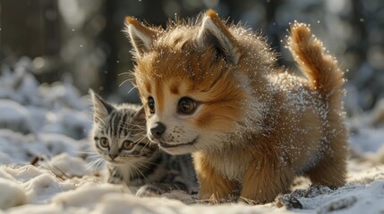 Naklejka premium A playful puppy and kitten explore snow-covered ground in a winter forest setting