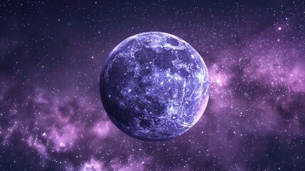A purple-hued planet with a visible landmass and clouds against a dark starry sky.