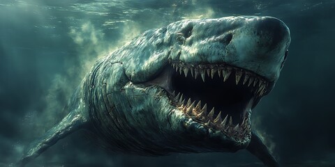 A giant prehistoric Megalodon shark lurks in the depths of the Mariana Trench.