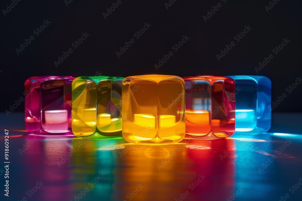 Poster group of colored cubes sitting on top of table, glowing color gels illuminating dark background