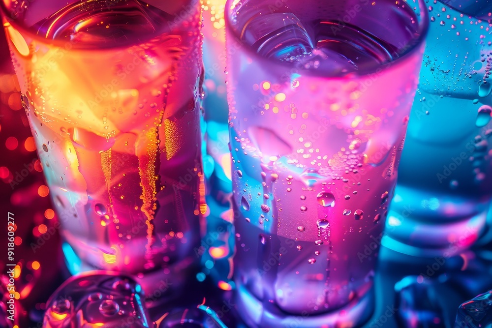 Poster group of colored cubes sitting on top of table, glowing color gels illuminating dark background
