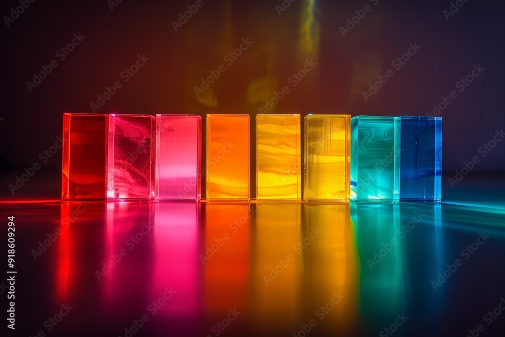 Poster group of colored cubes sitting on top of table, glowing color gels illuminating dark background