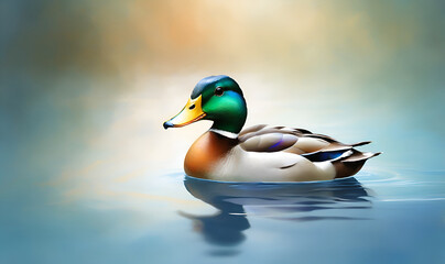 A calm, majestic duck with iridescent feathers and bright eyes on a soft gradient background