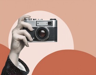 Poster. Contemporary art collage. Hand holds retro photo camera in monochrome filter against pink background. Concept of art, vintage things, mix old and modernity. Copy space for ad
