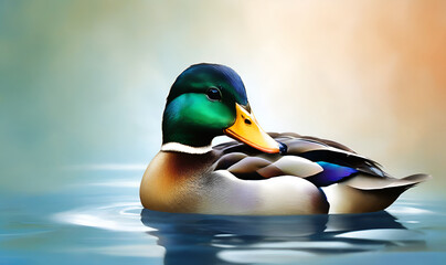 A calm, majestic duck with iridescent feathers and bright eyes on a soft gradient background