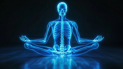 Yoga Skeleton: Glowing Blue Anatomy in Pose - Stock Photo