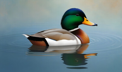 Obraz premium A calm, majestic duck with iridescent feathers and bright eyes on a soft gradient background