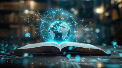Global Connections Futuristic Holographic Globe on HighTech Surface with Digital Nodes and Lines Symbolizing Knowledge and Connectivity in the Modern Age