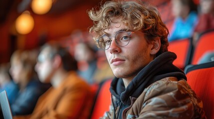 Obraz premium A young curly man with glasses is sitting in the university lecture hall, holding his laptop in one hand. close up view
