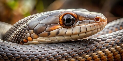 A close-up view of a snake exhibiting a striking gray head with unique scales while resting in its natural environment during daylight. Generative AI