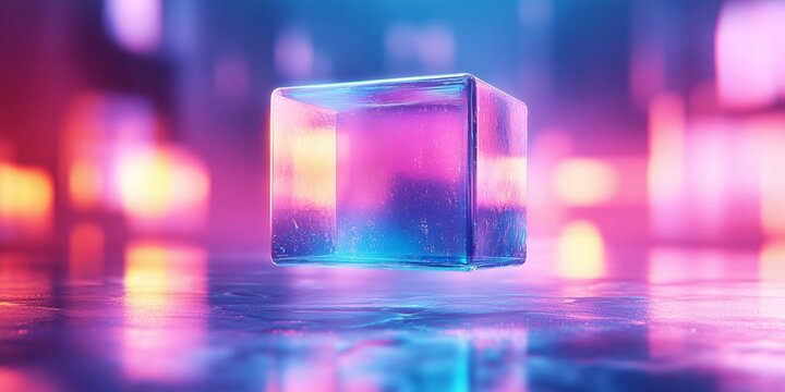 Colorful holographic cube levitating with soft light effects, ideal for modern design projects and tech visuals