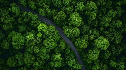Winding road through a dense forest captured from above