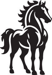 A sleek and bold black horse silhouette, with an elegant and curved mane that flows seamlessly into the body.