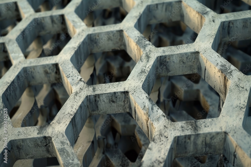 Poster black and white photo of building with hexagons, microscopic perspective of concrete honeycomb patte