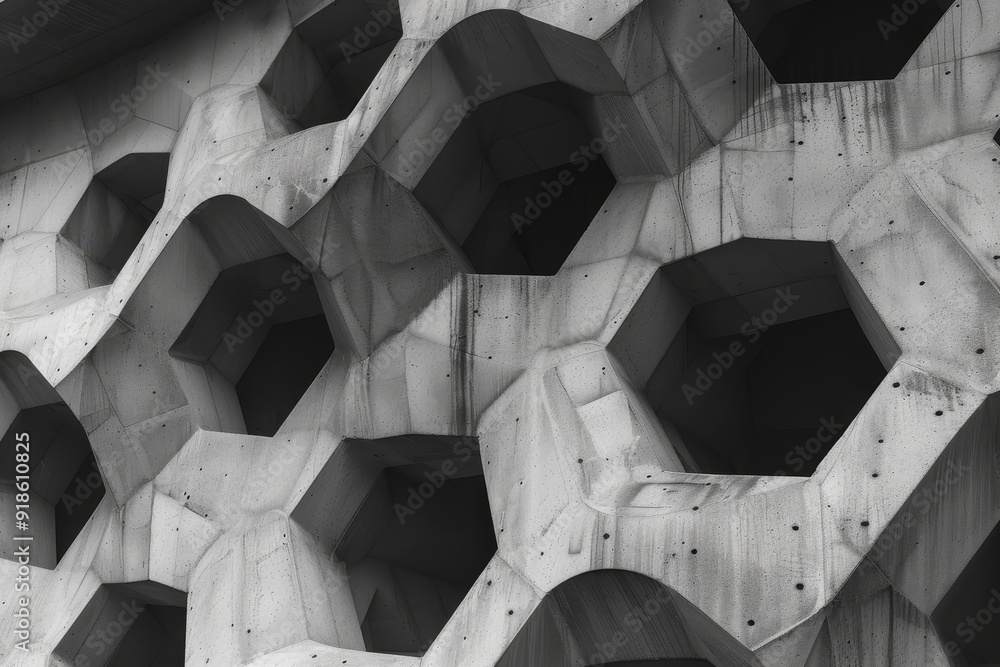 Aufkleber black and white photo of building with hexagons, microscopic perspective of concrete honeycomb patte