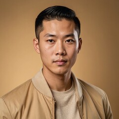Fototapeta premium Stylish Asian Man in Beige Jacket Professional Closeup Portrait