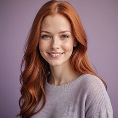 Obraz premium Gentle Elegance Closeup of Woman with Long Red Hair on Pastel Purple Background