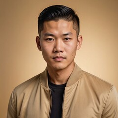 Obraz premium Stylish Asian Man in Beige Jacket Professional Closeup Portrait
