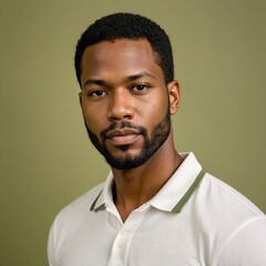 Fototapeta premium Contemplative African American Man in White Polo Shirt Against Olive Green Backdrop