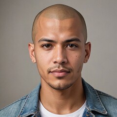 Fototapeta premium Confident Hispanic Man in Denim Jacket Closeup Portrait on Light Grey Background