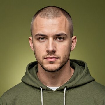 Serious Caucasian man with buzz cut in grey hoodie on olive green background