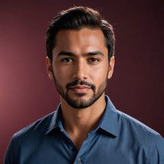Obraz premium Hispanic man in blue shirt against burgundy backdrop