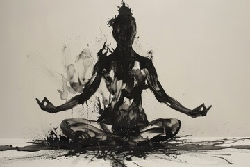 painting of woman sitting in lotus position, Monochromatic art piece showing person in yoga pose, expressing calmness
