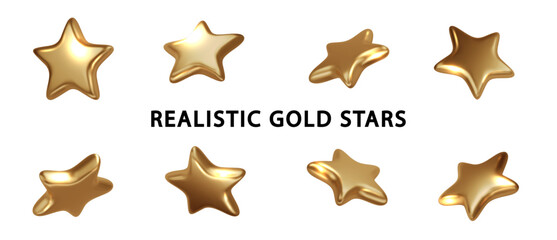 Golden star from different angles. Realistic metallic stars isolated. Christmas design element